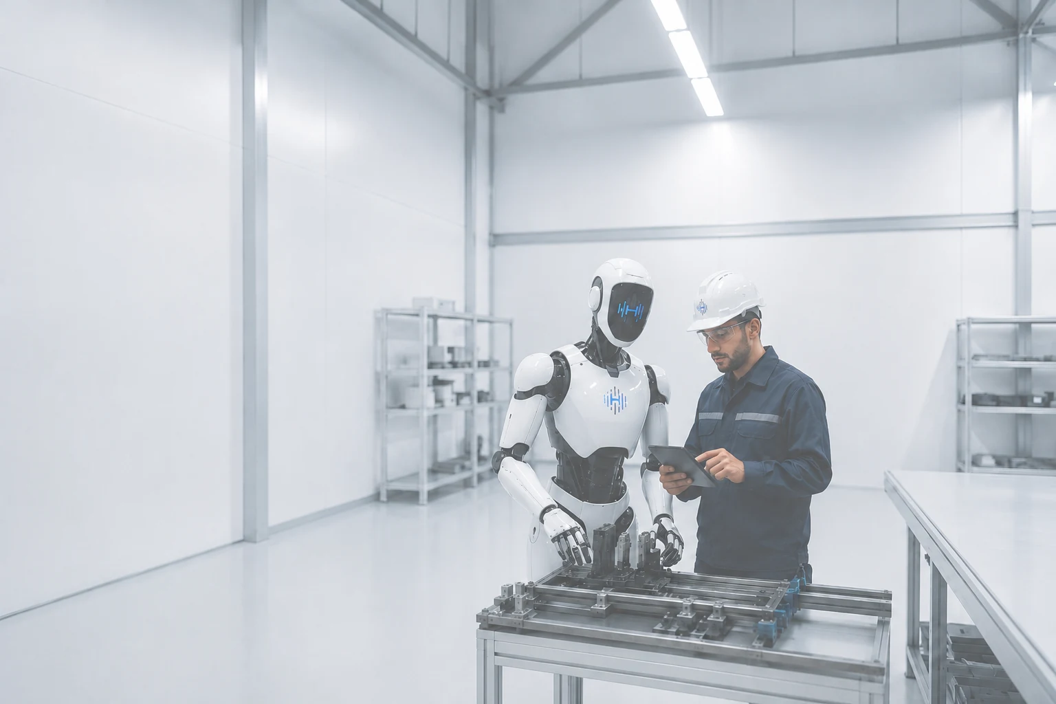 A humanoid robot in a dark industrial environment, conceptual visual